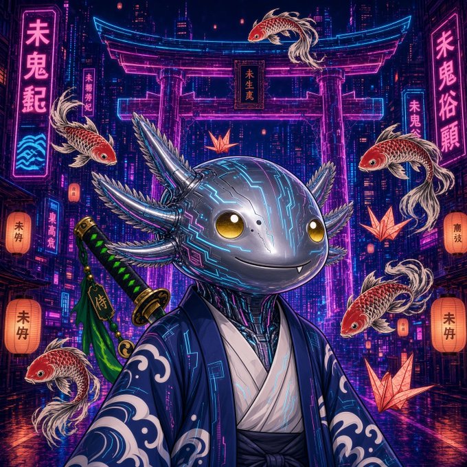A neon-styled digital artwork of an axolotl character wearing a kimono and carrying a katana, set against a cyberpunk Japanese cityscape with koi fish, paper cranes, and lanterns featuring Japanese text.