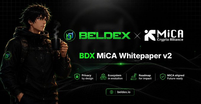 A promotional graphic for the 'BDX MiCA Whitepaper v2' featuring the Beldex and MiCA Crypto Alliance logos, with an illustrated character holding a coffee mug and four feature highlights: 'Privacy by design', 'Ecosystem in evolution', 'Roadmap for impact', and 'MiCA aligned Future ready', along with the URL 'beldex.io'.