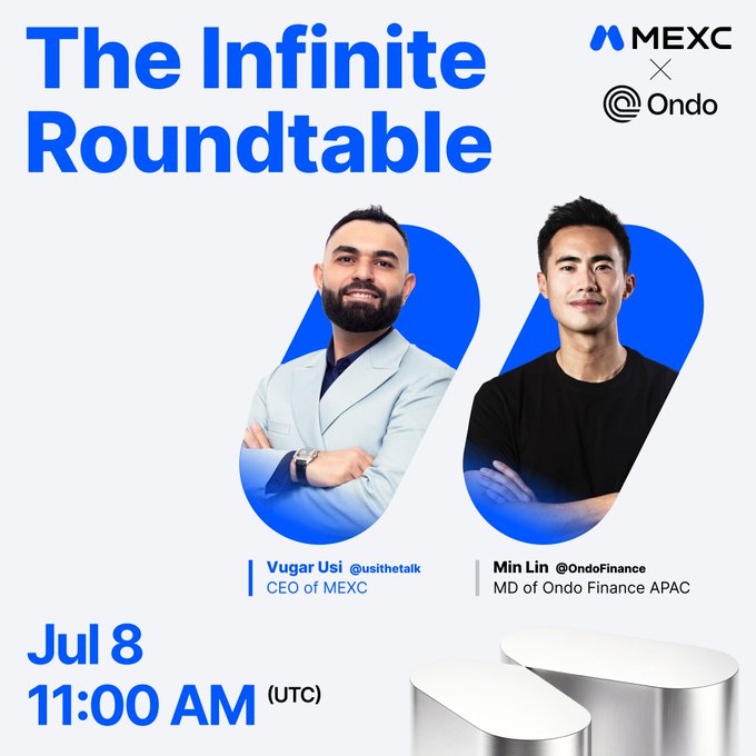 Promotional graphic for "The Infinite Roundtable" featuring MEXC and Ondo logos, headshots of CEO Vugar Usi (CEO of MEXC) and Min Lin (MD of Ondo Finance APAC), scheduled for July 8 at 11:00 AM UTC, visually branding the upcoming Twitter Space discussion on RWAs and institutional crypto adoption.