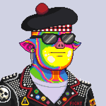 A colorful pixel art NFT-style illustration of a punk monkey character wearing a black beret with a red pom-pom, checkered headband, dark sunglasses, and a studded leather jacket adorned with various badges and the word 'FIGHT'.