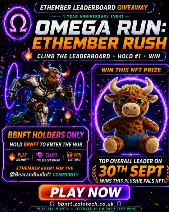 A promotional poster for 'ETHEMBER LEADERBOARD GIVEAWAY' and 'OMEGA RUN: ETHEMBER RUSH', featuring a robotic bull character and a plush giraffe toy as the NFT prize, with text indicating a September 30th deadline.
