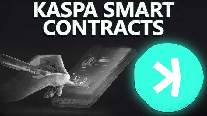 The image features two items set against each other with an accompanying text. The first item is a phone that's been used for signing a document, presumably a contract or agreement. The second item is a blue block topped with a white arrow, which appears to be the "Kaspa Smart Contracts" logo. There are also some words and phrases related to smart contracts on this logo, suggesting that Kaspa has developed a software solution for managing and verifying these digital assets.
