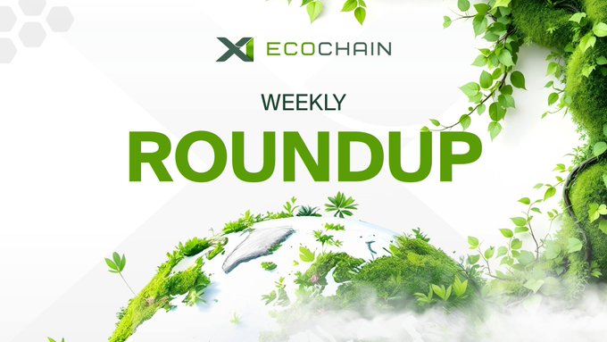 A graphic titled 'ECOCHAIN WEEKLY ROUNDUP' featuring green foliage, vines, and a moss-covered globe against a white background.