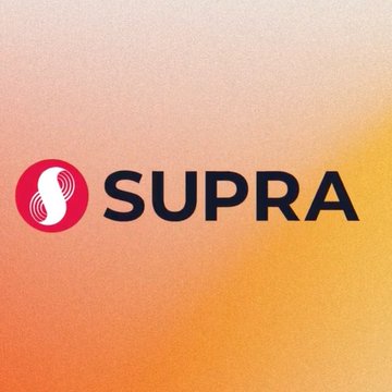 A logo for 'SUPRA' displayed on a peach and orange gradient background, featuring a red circular emblem to the left of the dark text.