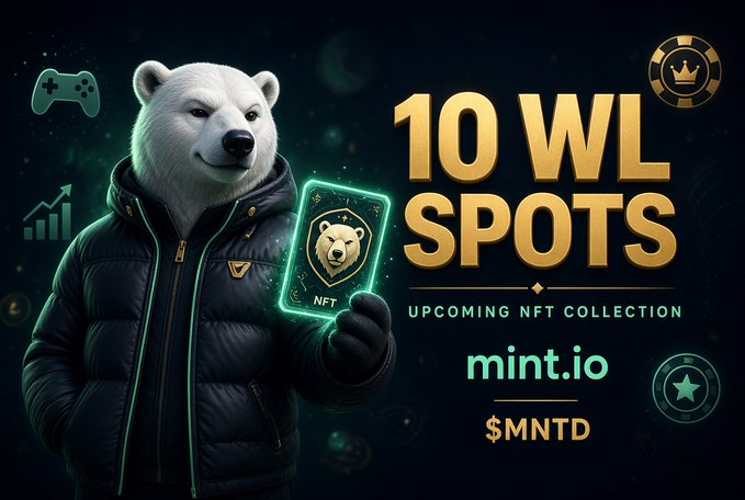 Promotional graphic for '10 WL SPOTS' featuring an anthropomorphic polar bear in a puffer jacket holding an NFT card, advertising an upcoming NFT collection on mint.io with the ticker $MNTD.