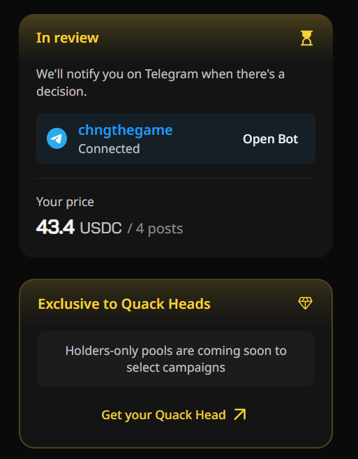 In this image, there are two screens side by side. The screen at the top displays a message from someone named "ChngTheGame", which reads, "I'll notify you on Telegram when there's a decision." Below that text, there is another message from a person named "@wallchain", also stating "So wallchain is paying me $43.4 for 4 posts Thank you @wallchain Modern day slavery still exists lmao". The two screens are placed next to each other in the same window, making it easy for viewers to compare and understand the content of both messages.
