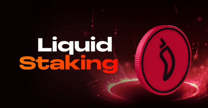 Promotional banner reading 'Liquid Staking' in white and orange text next to a red coin with a stylized logo.