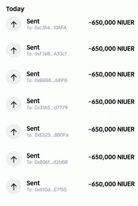 Mobile screenshot showing a list of 'Today' transactions, each labeled 'Sent' with an amount of -650,000 NIUER sent to various Ethereum addresses (0x...).