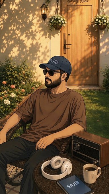 An anime-style illustration depicts a bearded man wearing sunglasses and a cap reading 'SAJIB', relaxing on a wicker chair outdoors near a wooden door, with headphones and a phone also displaying 'SAJIB' on a nearby table.