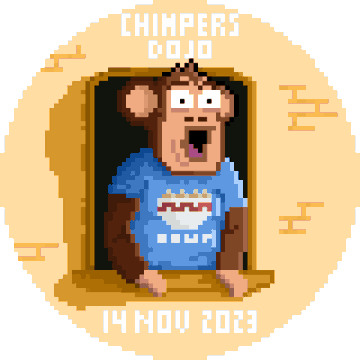 A pixel-art illustration of a chimpanzee wearing a blue "Chimpers Dojo" shirt appears in a window frame, with "CHIMPERS DOJO" at the top and "14 NOV 2023" at the bottom, marking the date of a Chimpers Friday Spaces episode that featured a POAP badge collectible for web3 community members.