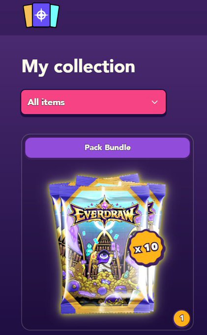 A mobile game interface displays 'My collection' with a 'Pack Bundle' featuring an Everdraw card pack marked with 'x 10' indicating ten pack bundles.
