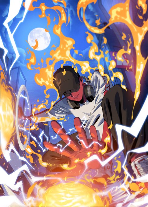 An animated illustration shows a person wearing a cap and face mask performing a DJ routine, with their hand extended over a turntable amidst dynamic orange flames and white lightning effects against a dark background.
