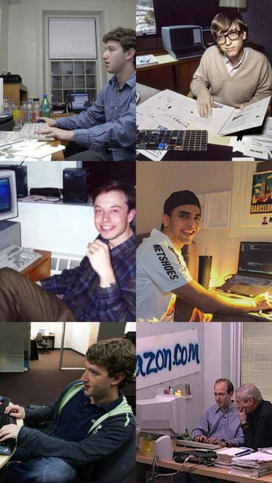 A collage of six photos showing young entrepreneurs and tech founders working at desks with computers and monitors, including one image featuring an "amazon.com" sign above two men at a cluttered workspace. The images illustrate the message that dreamers start from humble beginnings in their "trenches" before achieving success in the tech industry, contrasting with the aspirational nature of $DREAMCOIN.