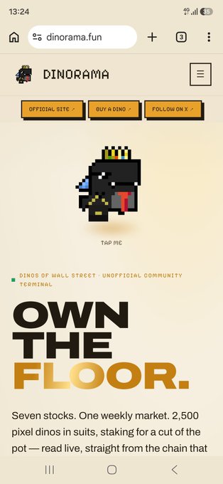 A mobile screenshot of dinorama.fun website showing a pixel-art dino character and text 'OWN THE FLOOR' with a description about 'Dinos of Wall Street' NFT community featuring 2,500 pixel dinos.
