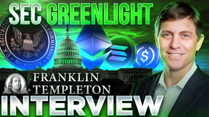 This YouTube thumbnail features a man in a suit alongside logos for the SEC, U.S. Capitol, Ethereum, and Solana, with bold text reading "SEC GREENLIGHT," "FRANKLIN TEMPLETON INTERVIEW," and "LOAD UP." The imagery aligns with the post, highlighting an interview about potential SEC approval and a 30-day window to "load up" on crypto assets like $ETH, $SOL, and $BTC.