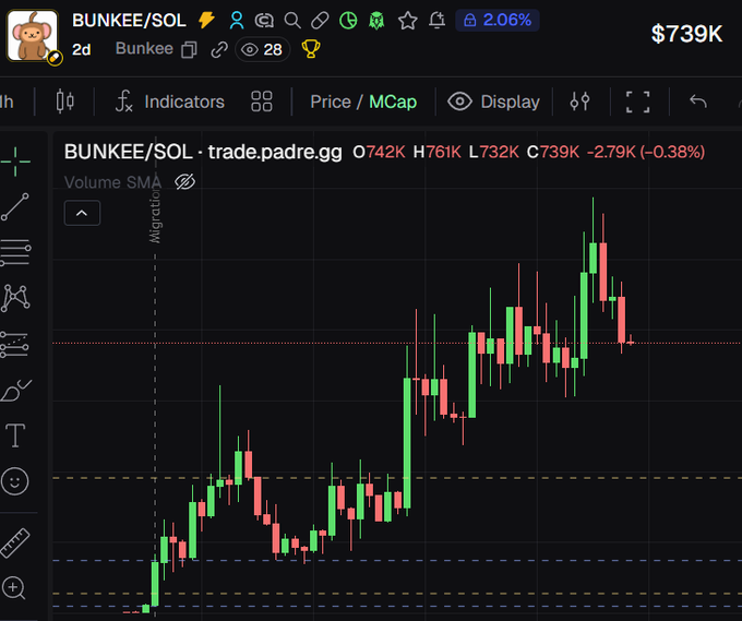 A candlestick chart for BUNKEE/SOL on trade.padre.gg shows the token's price rising sharply from low levels before consolidating near $739K with a recent 0.38% dip to $739K. The upward price action and round-trip recovery align with the poster's claim of a successful dip buy on BUNKEE despite early holders missing the move.
