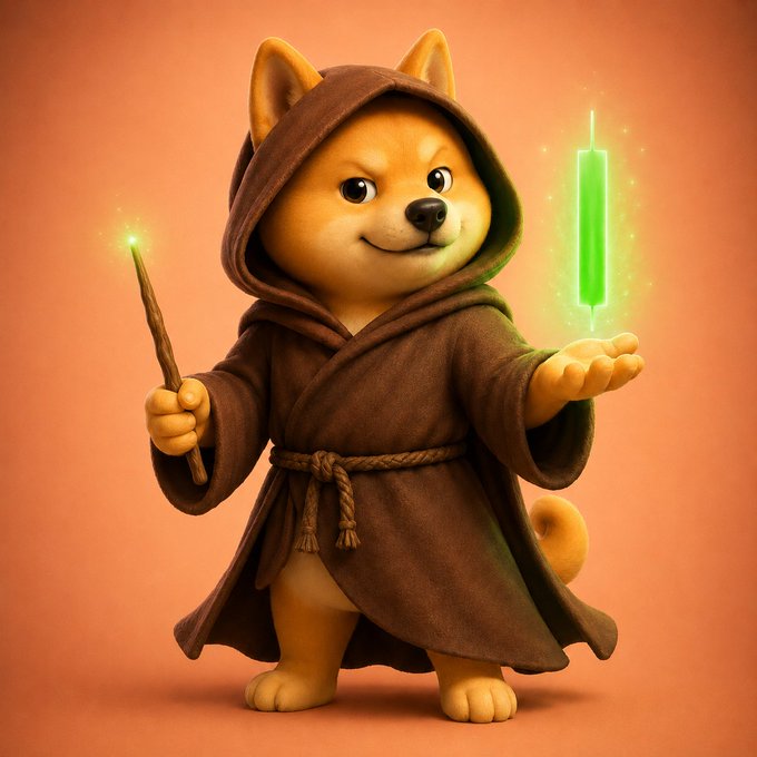 A 3D-rendered Shiba Inu dog character dressed as a Jedi in brown robes, holding a wooden stick/wand in one hand and conjuring a glowing green candlestick chart shape in the other, set against an orange background.