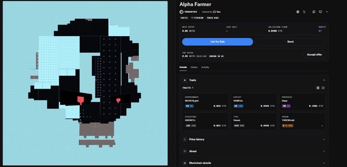 A pixel art digital collectible called 'Alpha Farmer' displayed on a marketplace page with trading history, blockchain details, and various trait options.