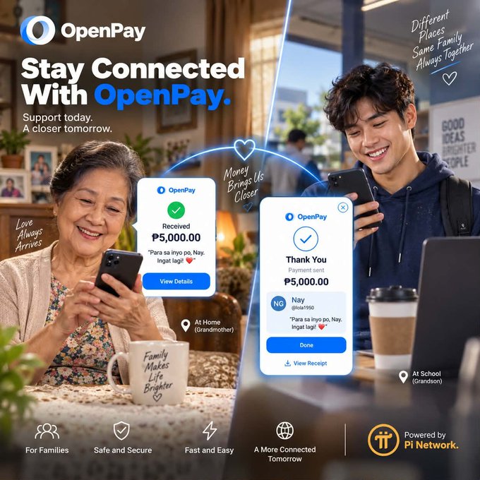 OpenPay advertisement showing a grandmother receiving ₱5,000.00 from her grandson Nay, with the tagline 'Stay Connected With OpenPay' and 'Powered by Pi Network'.