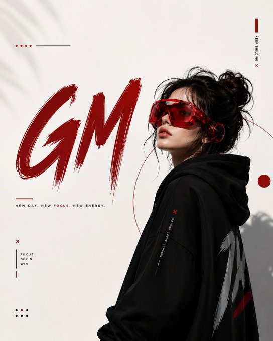 A digital poster featuring a woman wearing red goggles and a black hoodie with red accents, accompanied by the large red brushstroke text "GM" and smaller text reading "KEEP BUILDING," "NEW DAY. NEW FOCUS. NEW ENERGY," and "FOCUS BUILD WIN."