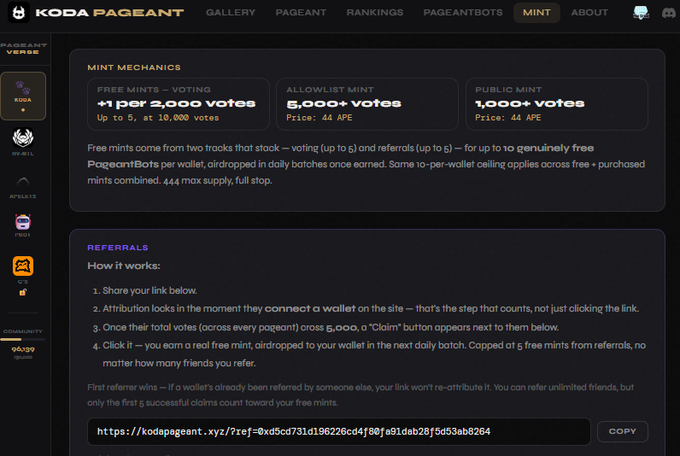 Koda Pageant website showing the Mint Mechanics page, detailing free mints (1 per 2,000 votes), allowlist mint (5,000+ votes, 44 APE), and public mint (1,000+ votes, 44 APE) options.