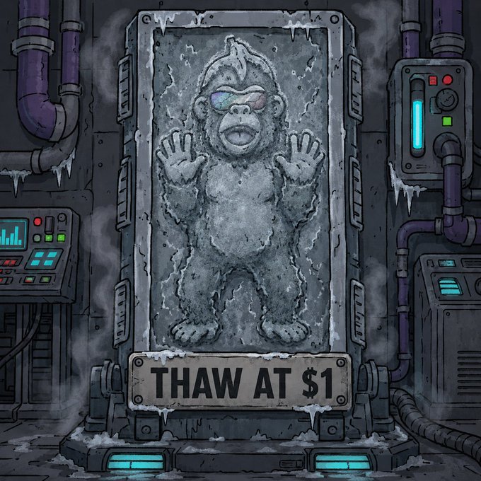An illustration of a frozen monkey encased in a cryogenic chamber with a sign reading 'THAW AT $1', set in an industrial environment with pipes and machinery.