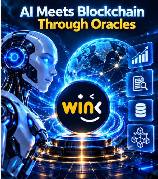 A digital graphic featuring a futuristic robotic figure and a glowing globe, with the headline 'AI Meets Blockchain Through Oracles' and a central 'win' logo.