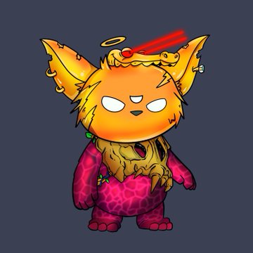 A digital illustration of a yellow-orange cat character wearing a pink fur-patterned outfit with gold chains, a red gemstone pendant, a red headband, and a halo above its head.