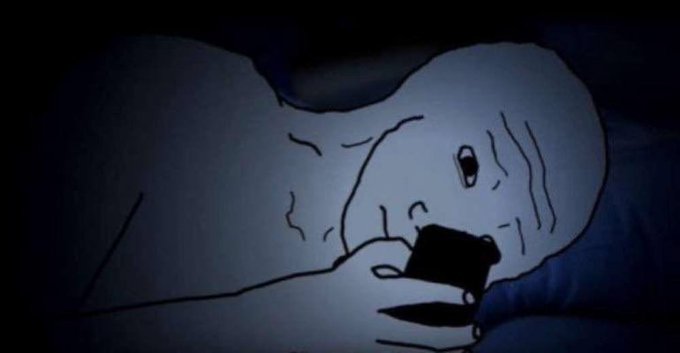A dark, moody illustration of a bald person lying in bed in low blue light, looking at a glowing smartphone screen.
