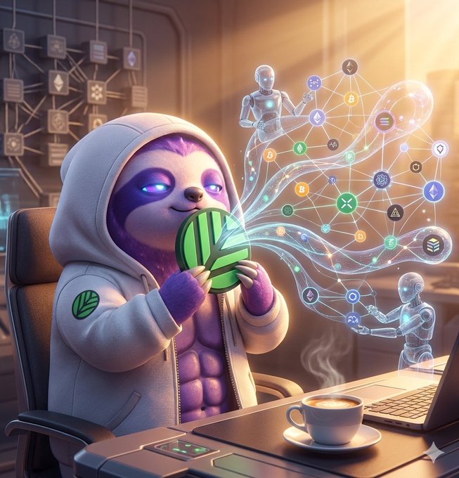 The image features a cartoon sloth wearing a hoodie with a green leaf design, sitting at a desk next to a laptop computer. The sloth appears to be eating something out of a green plate while holding a green shield. The background shows various symbols related to the internet and technology, suggesting that this scene takes place in an office or workspace setting.
