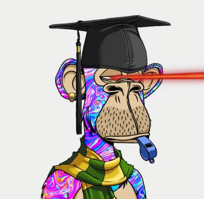 A colorful cartoon illustration of a psychedelic-patterned monkey wearing a graduation cap and scarf, with glowing red laser eyes and a whistle in its mouth.