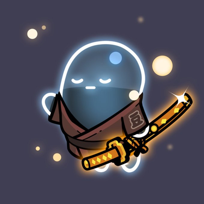 A chibi-style cartoon illustration of a translucent pale ghost-like ninja character wearing a brown scarf and wielding a glowing orange katana, floating against a dark navy background with scattered warm light orbs—depicting the BEANZ NFT collection character referenced in the post about GRAIL — BEANZ #6857 selling for 1.6 ETH on OpenSea.
