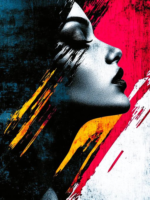 The user wants a concise 1-2 sentence caption describing the image.
I need to look for key text, numbers, tickers, or names visible in the image itself.
Looking at the image:
- It's an artistic portrait of a woman's face in profile.
- The background is split into colors: dark blue/black on the left, red on the right, with white and yellow streaks.
- There is no text *on* the image itself (like a title or logo within the artwork).
- The prompt provides context: "Silent Serenity" on @transientlabs ! 0.015 ETH, be the first to bid !. This is the "accompanying post", not text visible *in* the image. The prompt asks to describe what is *in* the image and include any key text visible *in* the image. Since there is no text in the image itself, I will focus on the visual description.