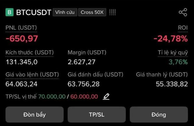 A cryptocurrency trading interface showing a BTCUSDT 'Vĩnh cửu' (perpetual) position with cross 50X margin, displaying a PNL of -650.97 USDT, an ROI of -24.78%, and a size of 131,345.0 USDT.