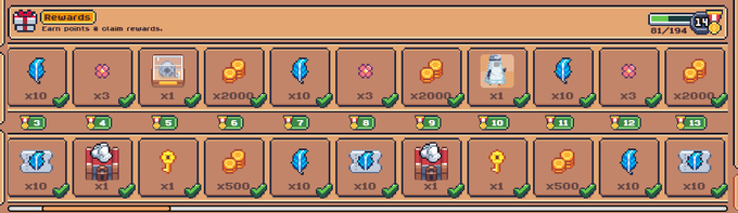 A video game rewards screen shows a grid of claimed items with quantities like 'x10', 'x3', 'x1', and 'x2000' along a numbered progression from 3 to 13.