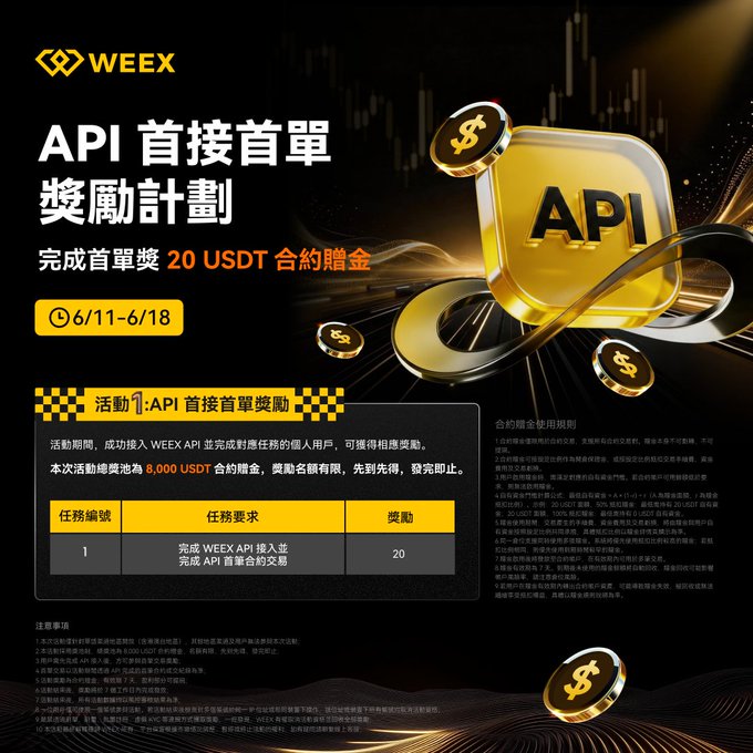 The image displays an advertisement featuring a gold "API" logo that is accompanied by several coins. The poster promotes an API for cryptocurrency trading, stating that users have won 8,000 USDT in Bitcoins orethers through trading. There are also links to the website and social media platforms where users can find more information about the app. In addition to this, a text box is visible containing details about the app's functionality on a webpage at eight thousand.