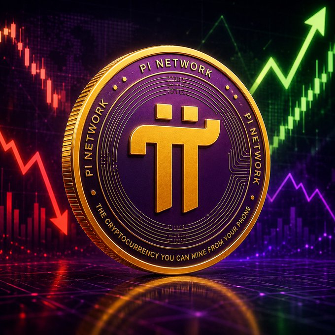A gleaming gold and purple Pi Network coin sits at the center of the image, prominently displaying the Pi symbol and inscribed with "PI NETWORK" along its upper rim and "THE CRYPTOCURRENCY YOU CAN MINE FROM YOUR PHONE" around its lower edge. Behind the coin, vibrant candlestick charts in red and green trend sharply upward and downward, visually representing the volatile market speculation and divided sentiment described in the post about Pioneers who have given up, those still patiently waiting, and those stuck in the middle regarding the Pi Network project.