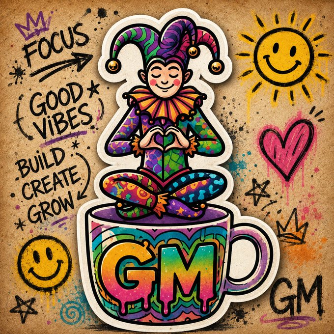 A colorful graffiti-style illustration of a jester sitting cross-legged on a coffee mug holding a heart, with 'GM' lettering and the text 'FOCUS', 'GOOD VIBES', 'BUILD CREATE GROW'.