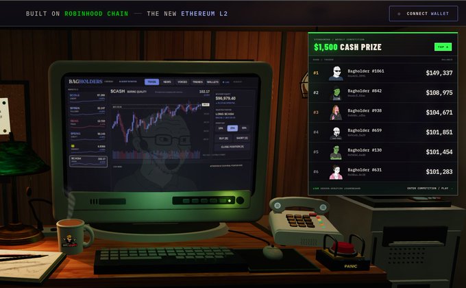 A vintage computer monitor displays a "BAGHOLDERS LEADERBOARD" showing a $CASH chart at $96,379.60 alongside a $1,500 CASH PRIZE leaderboard where top traders like "BagHolder #1061" lead with $149,337, promoting an on-chain $BAGS trading competition on Robinhood Chain.