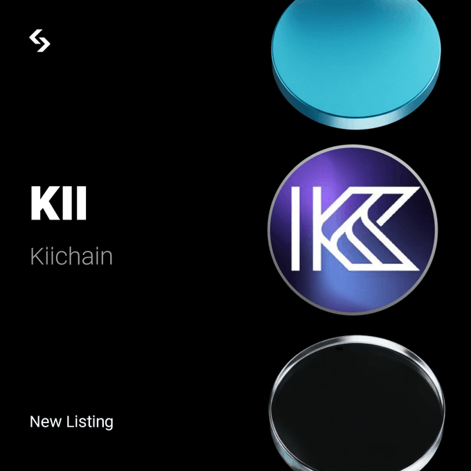A promotional graphic for the KiiChain ($KII) new listing on Bitget, featuring three circular coin-like icons (a blue coin, the purple KII token logo, and a black coin) on a black background, with the text "KII Kiichain" and "New Listing" displayed alongside a stylized "S" logo.
