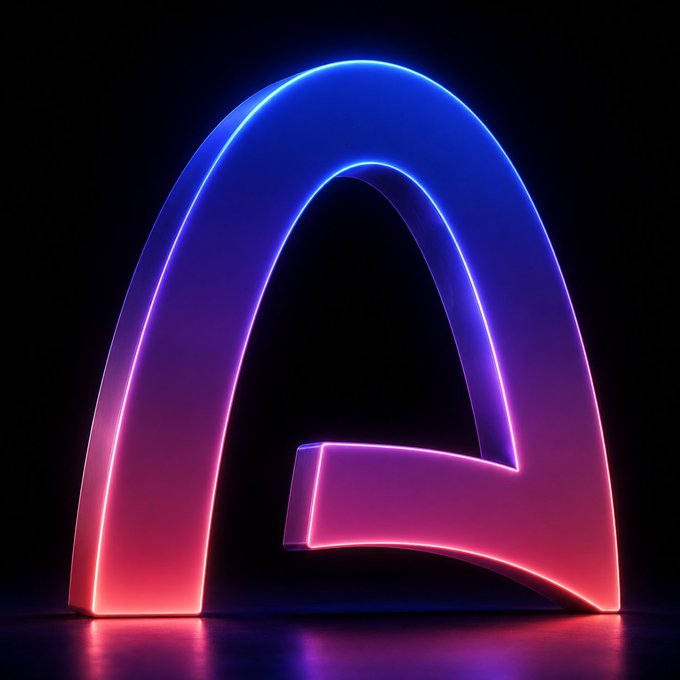 A stylized neon logo featuring an arching letter 'A' rendered in glowing blue, purple, and pink gradients against a dark background.