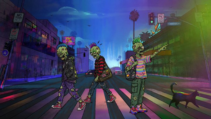 The image features three cartoon zombies walking across a crosswalk at an intersection. The first zombie has green hair and is wearing a backpack, while the second one has red hair and is carrying a guitar case. The third zombie has white hair and is holding a book in its hand. The background of the image shows buildings and traffic lights, creating a cityscape setting for this scene.