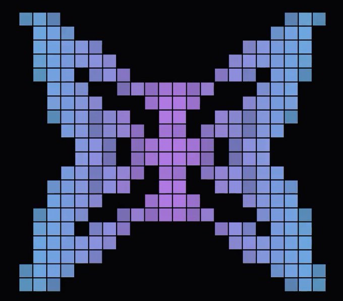 A pixel art design in shades of blue and purple against a black background, forming an abstract symmetrical pattern that resembles an 'X' or butterfly shape.