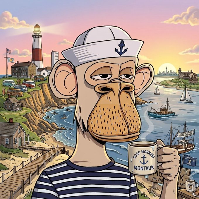 A cartoon-style illustration of a monkey wearing a sailor hat and striped shirt holding a 'Good Morning Montauk' mug, set against a coastal town backdrop with a lighthouse and boats.
