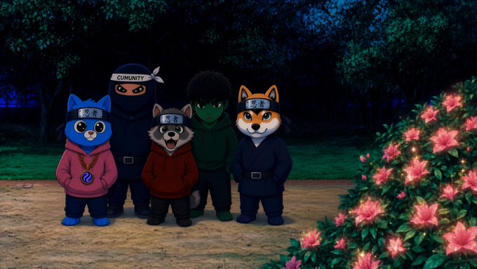 An animated illustration featuring five anthropomorphic animal characters wearing headbands with Asian characters, including a blue dog, a ninja, a wolf, a green character, and a dog dressed as a ninja, standing outdoors near pink flowering bushes at night.