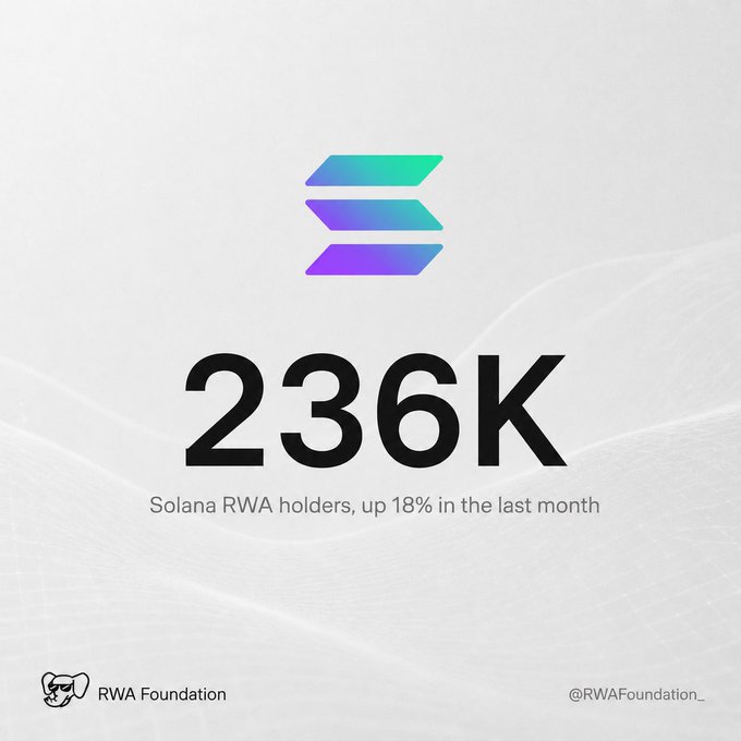 The image presents a graph that shows "Solana RWA holders, up 18% in the last month to over 236k holders", which suggests an upward trend in cryptocurrency trading. The text indicates that this is related to the "RWA Foundation" organization, and the post features a screenshot of the graph showing the data for the past 12 months, including a peak around the time when the post was made.