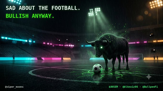A dark, rain-soaked soccer stadium features a glowing green-eyed bull standing over a soccer ball on the pitch, with stadium lights illuminating the misty atmosphere. The text reads "SAD ABOUT THE FOOTBALL. BULLISH ANYWAY." in green, alongside tags "@viper_moons," "$ANSEM," "@blknoiz06," and "@BullpenFi," visually pairing the heartbreak of England's World Cup loss with an optimistic crypto update from ANSEM's bullish airdrop newsletter.