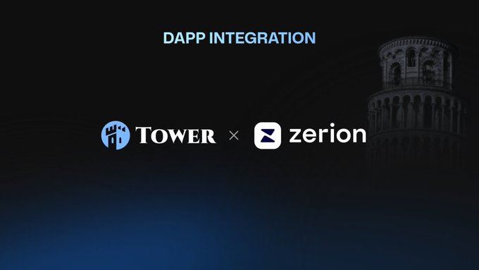 A dark promotional graphic announcing a 'DAPP INTEGRATION' between Tower and Zerion, featuring the Tower and Zerion logos with a Leaning Tower of Pisa in the background.