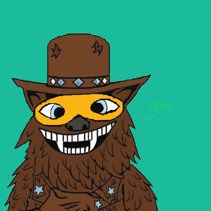 A cartoon-style illustration of a brown furry creature wearing a top hat with a yellow mask, set against a teal background with 'SM' text.