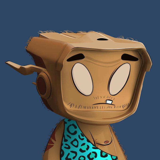Digital illustration of a cartoon character with a cardboard box-like head, large white eyes, stubble, and a turquoise leopard-print top.